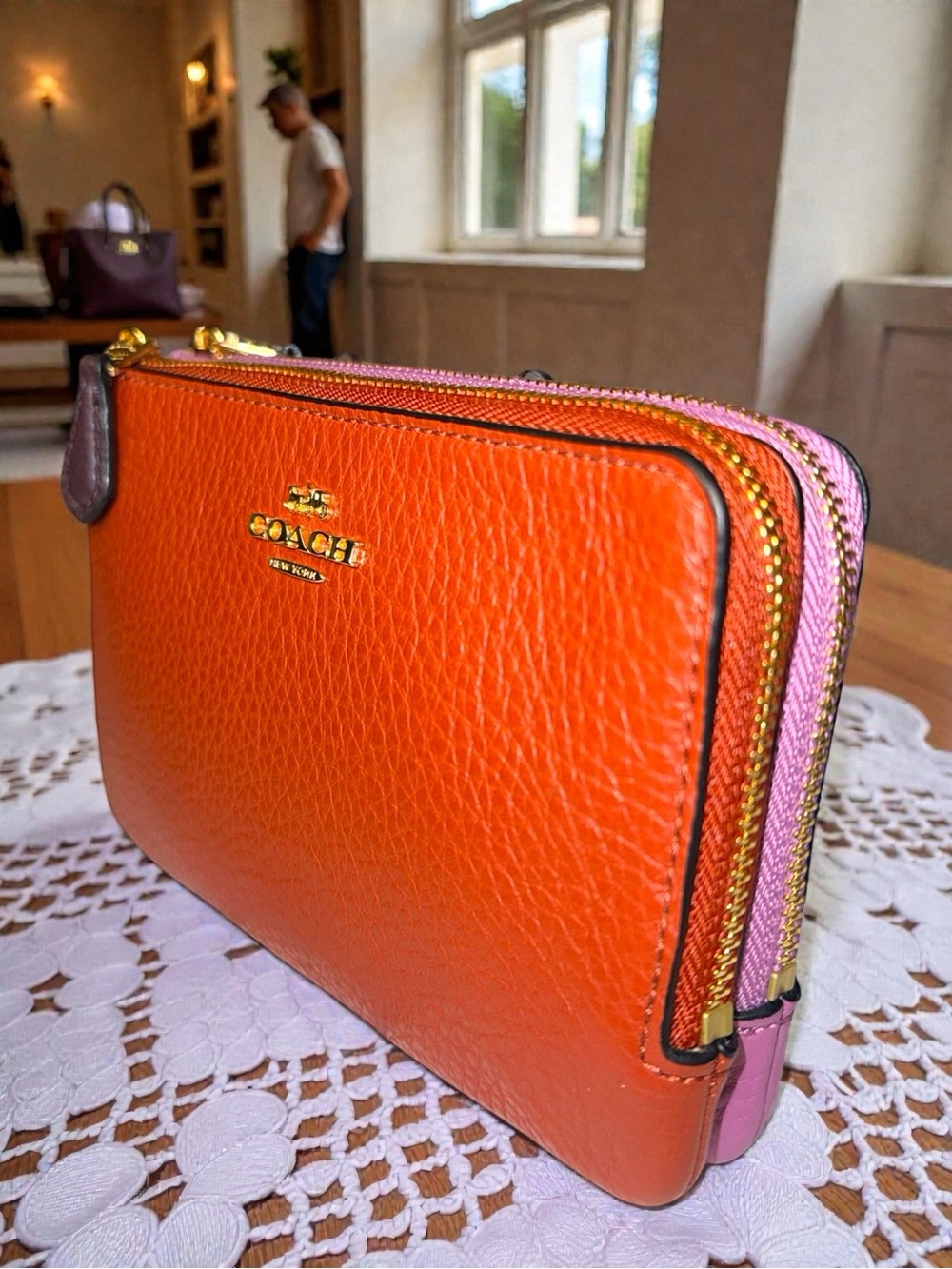 NWT Coach Pebbled Leather Double Zip Wristlet Colorblock Burnt Orange Pink $98 - Picture 3 of 15